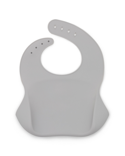 A gray silicone bib seen from behild. Adjustable strap in the neck. 