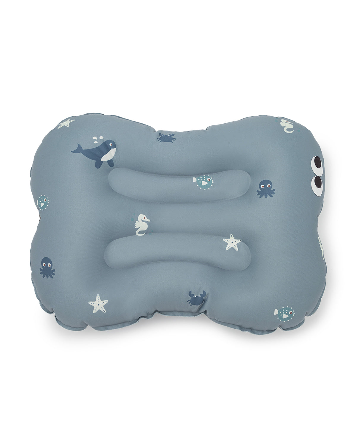 alt="Inflatable child booster seat cushion with carry bag, elastic strap, and anti-slip dots"